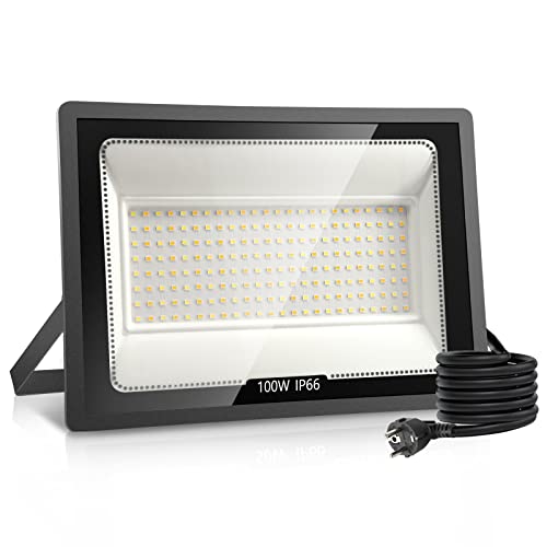 loyal Led Strahler Außen Fluter: 100W Dimmbar Lampe mit Stecker Scheinwerfer 3000K/4000K/6000K Led flutlicht Innen 10000LM - IP66 Wasserdicht LED Aussenstrahler für Hof, Garage, Garten, Sportplatz von loyal