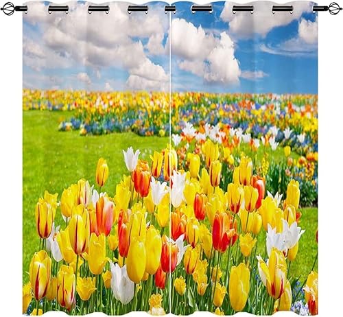 loyaltyer Vorhang Blickdicht Gelbe Tulpe Vorhang Akustikvorhang Vorhang Verdunkelung mit Ösenvorhang für Wohnzimmer Kinderzimmer Schlafzimmer Thermo Schallschutzvorhang, 2er Set 160x140 cm(HxB) von loyaltyer