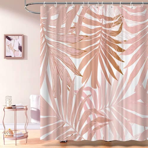 Roségoldener Duschvorhang für Badezimmer, rosa Palmenblätter, moderner Luxus-Duschvorhang aus Stoff, wasserdicht mit Haken, 183 x 183 cm von loyapobo