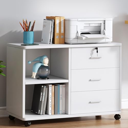 Loyliawa Aktenschrank aus Holz mit 3 Schubladen und Schloss – mobiler seitlicher Aktenschrank, offene Aufbewahrungsregale für Home Office – Weiß von loyliawa