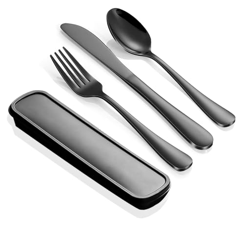lrgnixs Camping Besteckset,4 Stück Edelstahl Reisebesteck mit Etui,Wiederverwendbare Campingbesteck für Outdoor Arbeit Schule,SpüLmaschinenfest Camping Geschirr Outdoor Besteck,Schwarz von lrgnixs