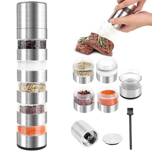 lrgnixs Gewürzstreuer Camping,5 In 1Camping GewüRze Set Mit MüHle,Edelstahl Tragbare Reise GewüRzset,Pfeffer Und SalzmüHle mit ReinigungsbüRste,Camping Zubehör für Picknick Bbq Reise von lrgnixs
