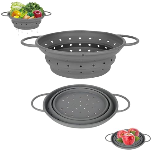 lrgnixs Nudelsieb Faltbar, 28cm Silikon Faltbares Siebs, Tragbare Sieb Küche für Kochen und Abtropfen, Platzsparend Sieb Faltbar Nudelsieb für Nudeln Obst GemüSe, Leicht Zu Reinigen, Grau von lrgnixs