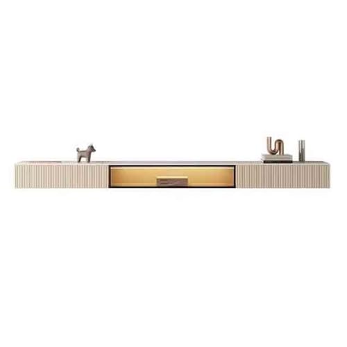 Schwebender TV-Ständer, an der Wand montierte TV-Konsole mit Schiefertischplatte, Glastür und Schubladen in der Mitte mit LED-Licht(200cm) von lskdnrufh