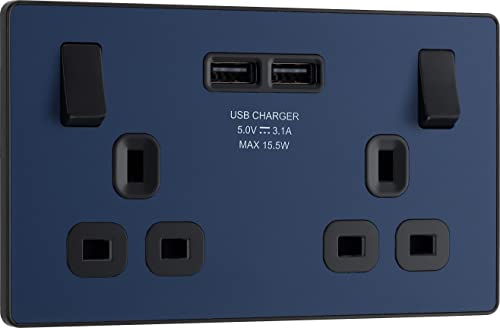 BG Electrical Evolve Doppelsteckdose mit 2 USB-Ladeanschlüssen (3,1 A), 13 A, mattblau von British General