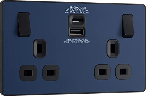 BG Evolve Doppelschalter-Steckdose (13 A, USB C 30 W, USB-C, 2,1 A), Blau matt von British General