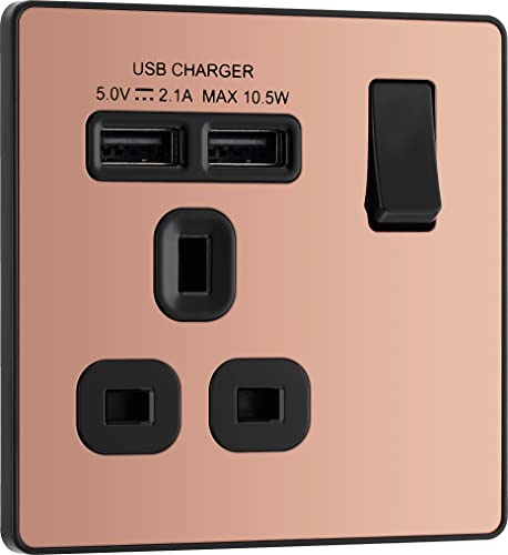 BG Electrical Evolve Einzelsteckdose mit 2 USB-Ladeanschlüssen (2,1 A), 13 A, poliertes Kupfer,PCDCP21U2B von British General