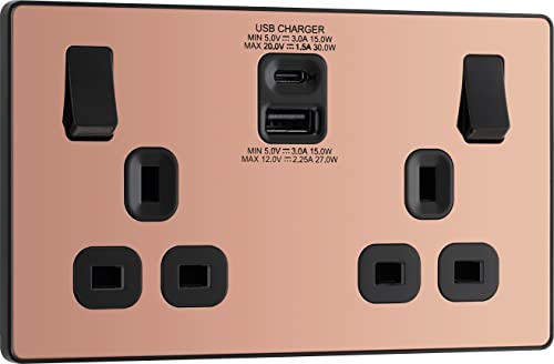 BG Electrical Evolve Doppelt geschaltete Steckdose mit USB C (30 W) und USB A (2,1 A) Ladeanschlüssen (3,1 A), 13 A, poliertes Kupfer von British General