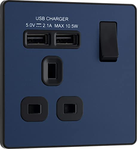 BG Evolve Steckdose mit 13 A, matt, Blau (schwarz), 2 x USB (2,1 A) von British General