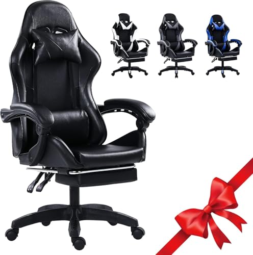 luckeu Professioneller Gaming-Stuhl, Computer-Gaming-Rennstuhl mit Fußstütze, ergonomisches Design, Armlehnen mit hoher Rückenlehne, verstellbarer Höhe und Lendenwirbelstütze, Schwarz von luckeu