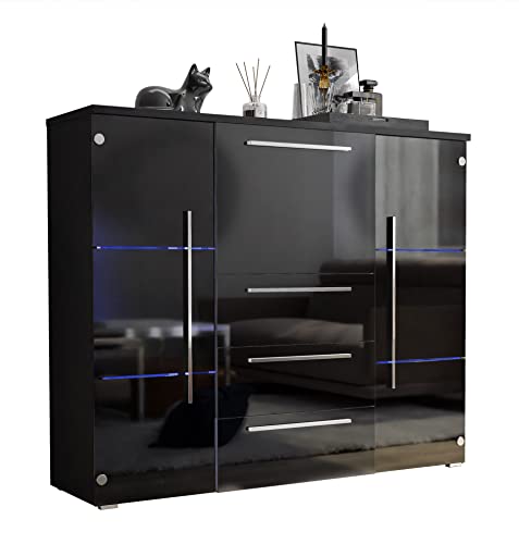 lukmebel Kommode BARI Hochglanz mit Schubladen und Barfach Wohnzimmer Wohnzimmerschrank LED kostenlos HG Highboard Sideboard Schrank Schlafzimmer Schrank Mehrzweckschrank (Schwarz/Schwarz + Schwarz) von lukmebel