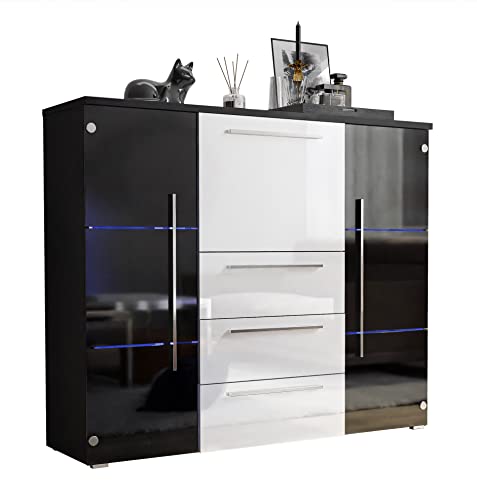 lukmebel Kommode BARI Hochglanz mit Schubladen und Barfach Wohnzimmer Wohnzimmerschrank LED kostenlos HG Highboard Sideboard Schrank Schlafzimmer Schrank Mehrzweckschrank (Schwarz/Weiß + Schwarz) von lukmebel