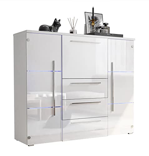 lukmebel Kommode BARI Hochglanz mit Schubladen und Barfach Wohnzimmer Wohnzimmerschrank LED kostenlos HG Highboard Sideboard Schrank Schlafzimmer Schrank Mehrzweckschrank (Weiß/Weiß + Weiß) von lukmebel