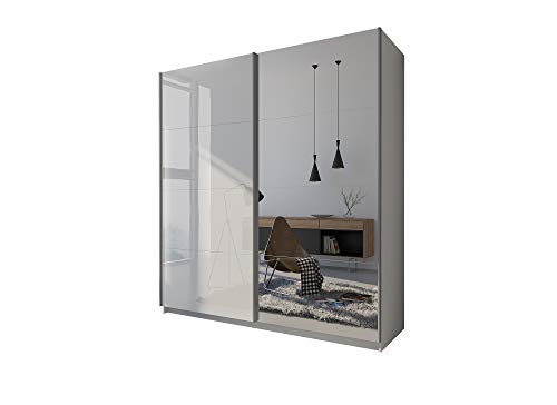 lukmebel Kleiderschrank - Kleiderstange Schrank - LINA I 194x62x215 cm - Schwebetürenschrank mit Spiegel - Schrank Weiß-Hochglanz - Schlafzimmer Möbel - Garderobenschrank - Mehrzweckschrank von lukmebel