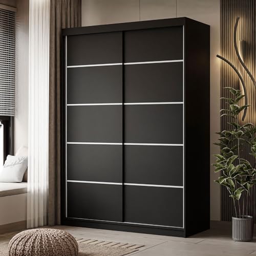 lukmebel Kleiderschrank mit Schiebetüren Camaro Plus 150x59x215 cm Schrank Schwarz - Schlafzimmer Möbel - Aluminiumgriffe - Mehrzweckschrank - Flurgarderobe - Kleiderstange Schrank von lukmebel