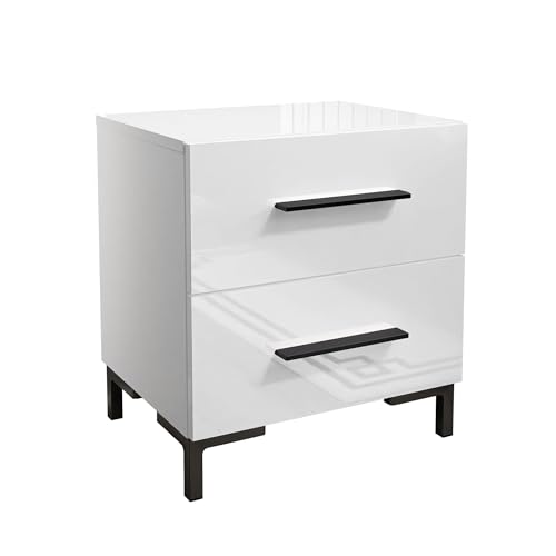 lukmebel Nachttisch LINA II mit Füßen 55x52x37 cm- LED Beleuchtung - Nachtkästchen - Weiß Hochglanz - Griffe - Nachtschrank - Beistelltisch mit Schublade - Schlafzimmerschrank von lukmebel