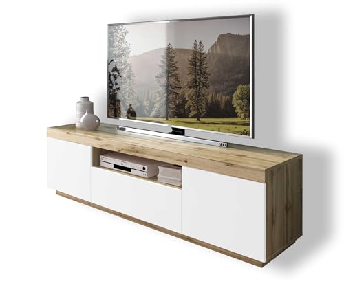 lukmebel Yoshi TV-Schrank Eiche Wotan weiße Fronten Fernsehschrank mit Schubladen und Push to Open System TV- Bank, Sideboard Lowboard Wohnwand von lukmebel