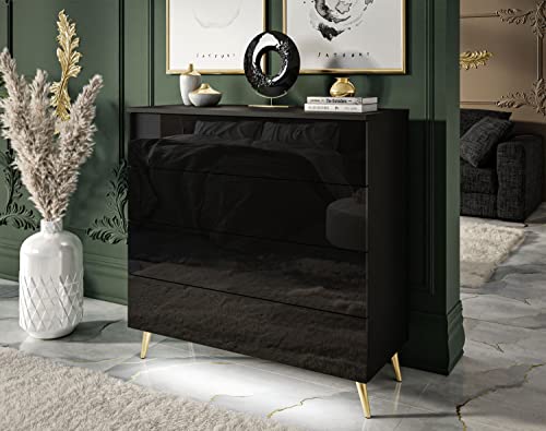 lukmebel Aura Kommode Push-to-Open-System Vier Schränke mit LED 40x95x90cm 40kg Hochglanz-Veredelung Schwarz Glänzend + Gold 13cm Beine von lukmebel