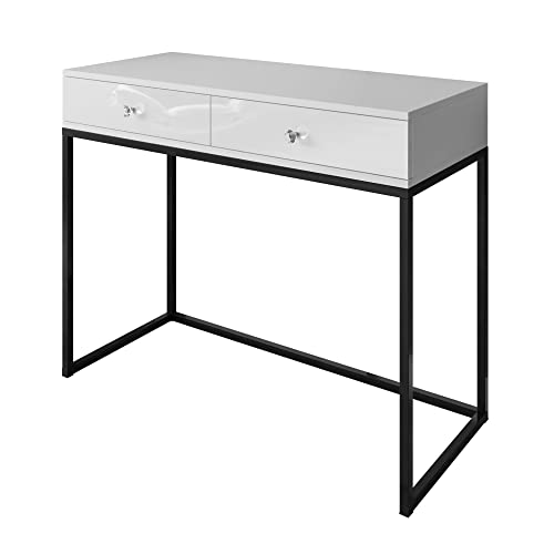 lukmebel Beistelltisch Blanco Loft II mit Zwei Schubladen für Moderne Räume Kristallknopf Schichtstoffplatte mit ABS-Rand 100x81x42cm Ergonomisch Bequem Weißer Glanz mit schwarzen Beinen von lukmebel