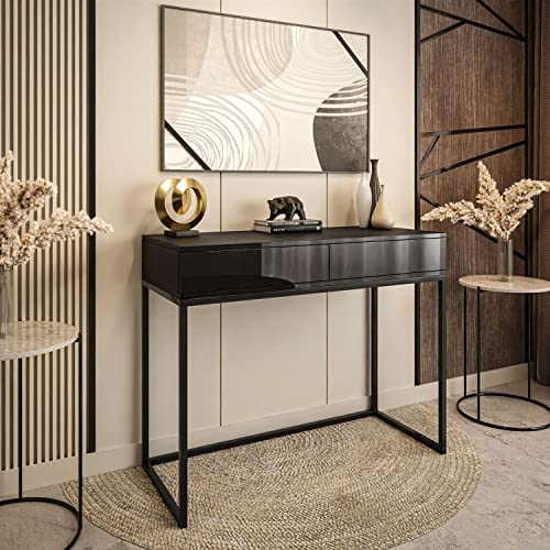 lukmebel Beistelltisch Blanco Loft II mit Zwei Schubladen für Moderne Räume Push to Open Schichtstoffplatte mit ABS-Kante 100x81x42cm Ergonomisch bequem Schwarzer Glanz mit schwarzen Beinen von lukmebel