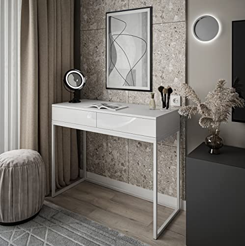 lukmebel Beistelltisch Blanco Loft II mit Zwei Schubladen für Moderne Räume Push to Open Schichtstoffplatte mit ABS-Kante 100x81x42cm Ergonomisch bequem Weißer Glanz mit weißen Beinen von lukmebel