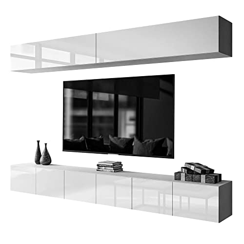 lukmebel COLGANTE II Wohnwand Lowboard Wohnwand Set TV-Schrank Hängeschrank Weiß Hochglanz HG Fernsehschrank mit LED Beleuchtung und Push to Open System Sideboard Lowboard Wohnzimmer von lukmebel
