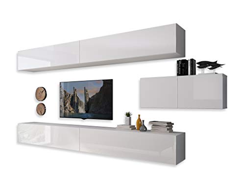 lukmebel COLGANTE III Wohnwand Lowboard Wohnwand Set TV-Schrank Hängeschrank Weiß Hochglanz HG Fernsehschrank mit LED Beleuchtung und Push to Open System Sideboard Wohnzimmer von lukmebel