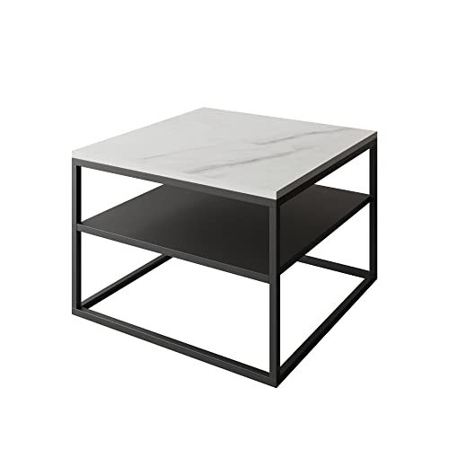 lukmebel Couchtisch Nova mit Regal Modern für Loft-Räume Pulverbeschichteter Edelstahl 16mm Tischplatte 68,5x68,5x48cm Ergonomisch Bequem Schwarz/Levanto-Marmor von lukmebel