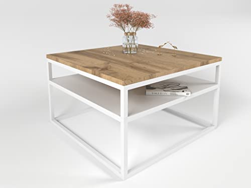 lukmebel Couchtisch Nova mit Regal Modern für Loft-Räume Pulverbeschichteter Edelstahl 16mm Tischplatte 68,5x68,5x48cm Ergonomisch Bequem Weiß/Wotan-Eiche von lukmebel