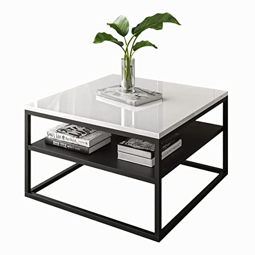 lukmebel Couchtisch Nova mit Regal Modern für Loft-Räume Pulverbeschichteter Edelstahl 17mm Tischplatte 68,5x68,5x48cm Ergonomisch Bequem Schwarz/Weiß glänzend in Hochglanz von lukmebel