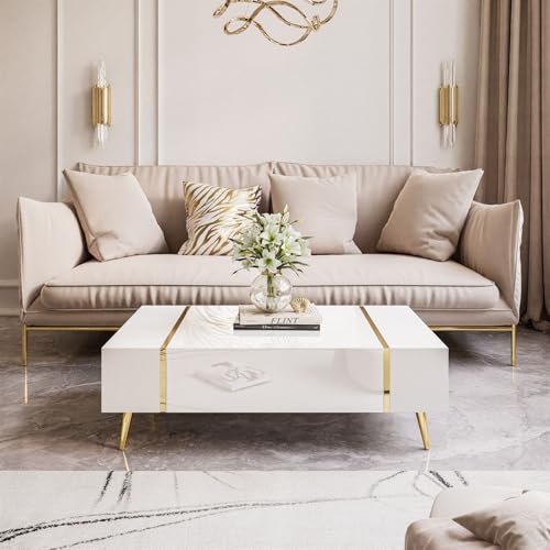 lukmebel Couchtisch Weiß mit Gold Onyx -104x65x41 cm Couchtisch mit Stauraum - Push to Open - Wohnzimmertisch - Beistelltisch Couch - Sofatisch - Sofa Tisch - Stubentisch von lukmebel