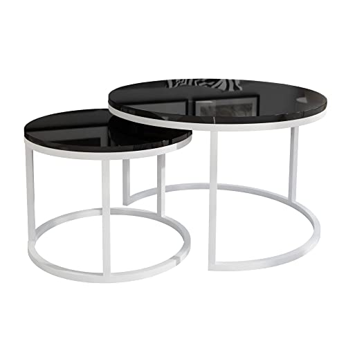 lukmebel Couchtisch rund - CIRI 2in1 - Beistelltisch rund - Kaffetisch - Industrial Deko - Deko Wohnzimmer - Kleiner Beistelltisch - Sofatisch - Kleiner Tisch - Weiß, Schwarz Hochglanz von lukmebel