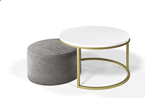 lukmebel Couchtisch rund mit Polsterhocker - CIRI 2in1 - Beistelltisch rund - Kaffetisch - Industrial Deko - Wohnzimmertisch - Kleiner Beistelltisch - Kleiner Tisch, Gold Matt/Weiß Hochglanz von lukmebel