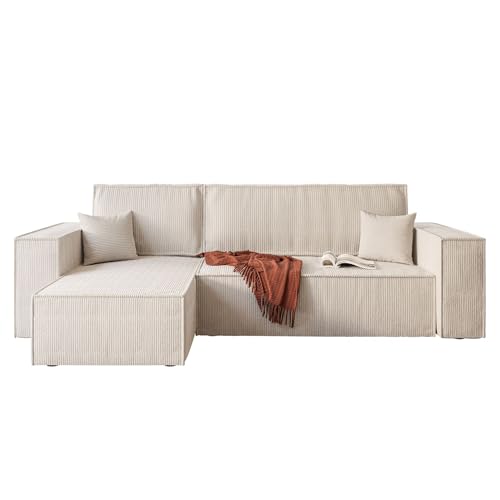 lukmebel - Eck-Sofa mit Schlaffunktion und Bettkasten - Schlafcouch Schlafsofa aus weichem Stoff - Eckcouch Schlafsofa L-Typ Carlos, 244x83x142 cm Grau - Ottomane: 70 cm (Poso 100 - Elfenbeinfarben) von lukmebel