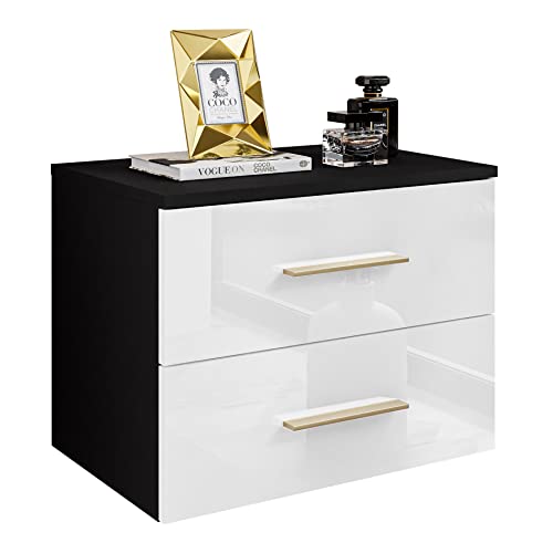 lukmebel Hängender Nachttisch LINA II 55x42x37 cm- LED Beleuchtung - Nachtkästchen - Schwarz/Weiß Hochglanz - Goldgriff - Nachtschrank - Beistelltisch mit Schublade - Schlafzimmerschrank von lukmebel