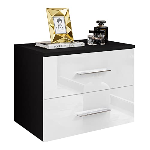 lukmebel Hängender Nachttisch LINA II 55x42x37 cm- LED Beleuchtung - Nachtkästchen - Schwarz/Weiß Hochglanz - Verchromte Griffe - Nachtschrank - Beistelltisch mit Schublade - Schlafzimmerschrank von lukmebel