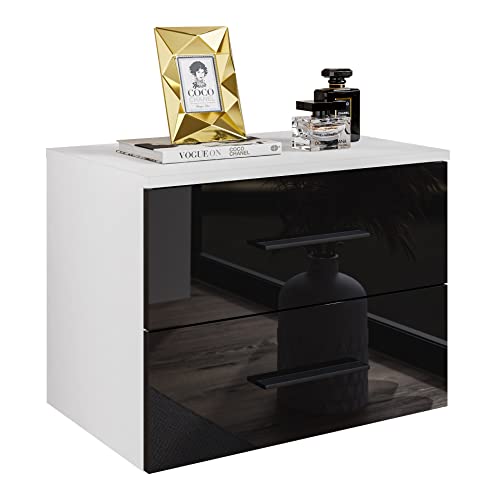 lukmebel Hängender Nachttisch LINA II 55x42x37 cm- LED Beleuchtung - Nachtkästchen - Weiß/Schwarz Hochglanz - Griffe - Nachtschrank - Beistelltisch mit Schublade - Schlafzimmerschrank von lukmebel