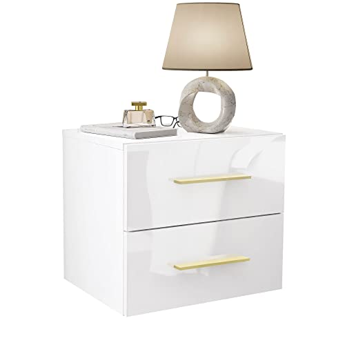 lukmebel Hängender Nachttisch LINA LUX 45x41,8x38,5 cm- LED Beleuchtung - Nachtkästchen - Weiß Hochglanz - Goldgriff - Nachtschrank - Beistelltisch mit Schublade - Schlafzimmerschrank von lukmebel