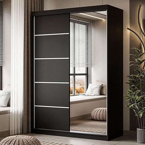 lukmebel Kleiderschrank Camaro II Plus - Kleiderstange Schrank - Schwebetürenschrank mit Spiegel 150x59x215 cm Schrank Schwarz - Schlafzimmer Möbel - Aluminiumgriffe - Mehrzweckschrank von lukmebel