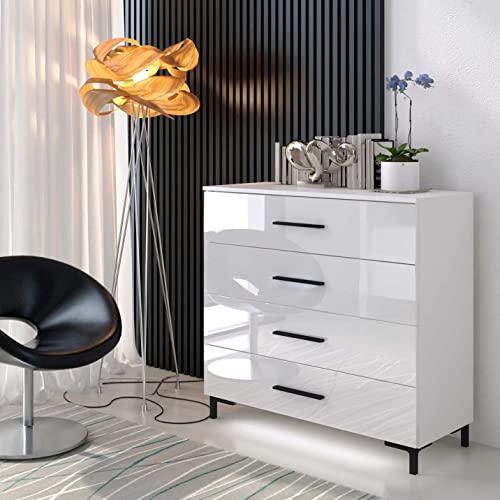 lukmebel Kommode LINA Schwarze Griffe weiß Hochglanz mit Schubladen HG Schlafzimmer Highboard Sideboard Schrank Mehrzweckschrank von lukmebel