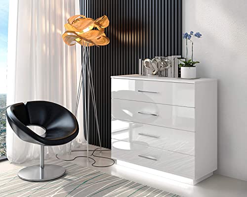 lukmebel Kommode Lina mit Schubladen und glänzenden Griffen in Chrom Weiß Hochglanz HG Schlafzimmer Schlafzimmerkommode Highboard Sideboard Schrank Mehrzweckschrank von lukmebel