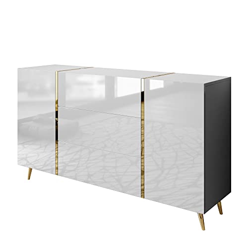 lukmebel Kommode Onyx Auf Goldenen Beinen Hochglanz Elegantes & Modernes Design Versteckte Ablagen Leicht Zu Reinigen Abrieb- Und Kratzfest Laminierte Platte 158x413x88 cm Weiß von lukmebel