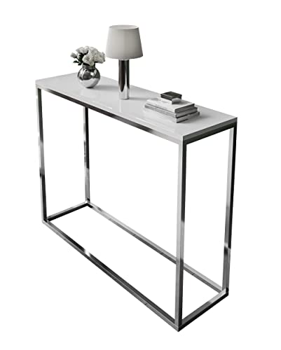 lukmebel Konsole MODERN II Chrom Hochglanz Weiß 100 cm Schminkkonsole HG Konsolentisch Tisch Beistelltisch Wohnzimmertisch Flurtisch Dekotisch Eingangsbereich Metallrahmen (Weiß Hochglanz) von lukmebel