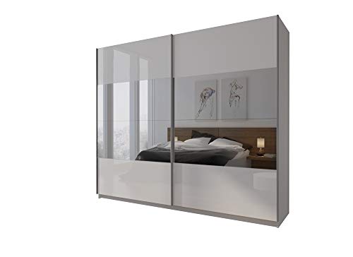 lukmebel Kleiderschrank - Kleiderstange Schrank - LINA II 244x62x215 cm - Schwebetürenschrank mit Spiegel - Schrank Weiß-Hochglanz - Schlafzimmer Möbel - Garderobenschrank - Mehrzweckschrank von lukmebel