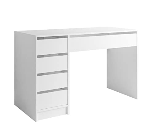 lukmebel Mada Stilvoller Schreibtisch mit 5 Schubladen platzsparendes Möbel für Schlafzimmer Arbeitszimmer oder Büro aus laminierter Platte mit ABS-Kante 120x75x55 cm Weiß/Weiß Matt von lukmebel
