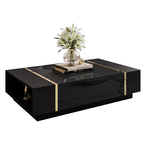 lukmebel Couchtisch Schwarz mit Gold Onyx -104x65x415 cm Couchtisch mit Stauraum - Push to Open - Wohnzimmertisch - Beistelltisch Couch - Sofatisch - Sofa Tisch - Stubentisch von lukmebel