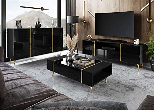 lukmebel Onyx Wohnzimmerset Auf Goldenen Beinen DREI Elemente Elegantes Und Modernes Design Leicht Zu Reinigen Abrieb- Und Kratzfest Laminierte Platte Schwarz von lukmebel