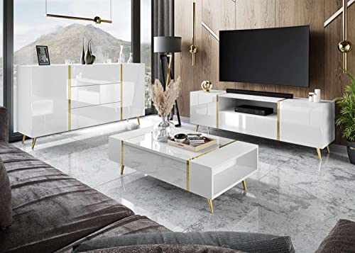 lukmebel Onyx Wohnzimmerset Auf Goldenen Beinen DREI Elemente Elegantes Und Modernes Design Leicht Zu Reinigen Abrieb- Und Kratzfest Laminierte Platte Weiß von lukmebel