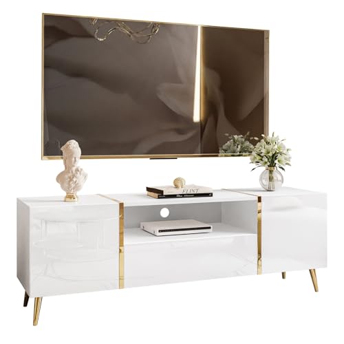 lukmebel RTV Schrank Onyx Auf Goldenen Beinen Hochglänzend Elegantes & Modernes Design Versteckte Ablagen Leicht Zu Reinigen Abrieb- Und Kratzfest Laminierte Platte 158x413x53cm Weiß von lukmebel