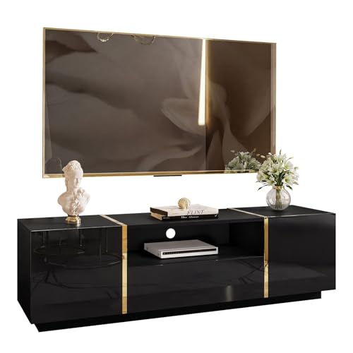 lukmebel RTV Schrank Onyx Hochglanz Elegantes & Modernes Design Versteckte Ablagen Leicht Zu Reinigen Abrieb- Und Kratzfest Laminierte Platte 158x413x46cm Schwarz von lukmebel